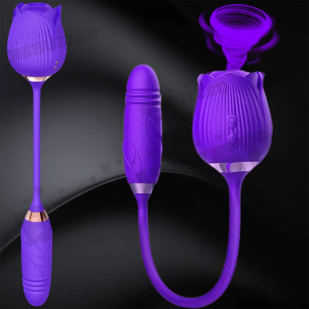 Rose-Pop 2-in-1 Air Pulse Sucking Clitoral Stimulator   Thrusting Dildo Vibrator
