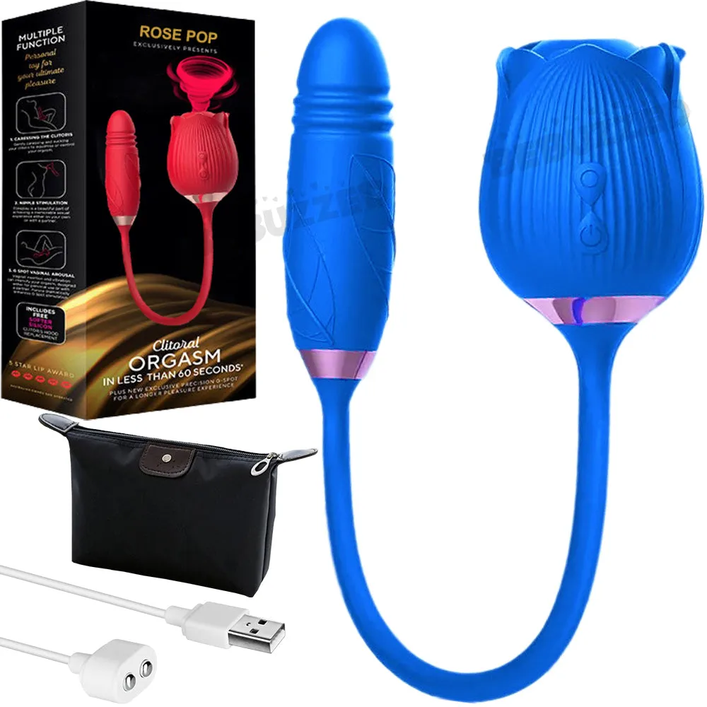 Rose-Pop 2-in-1 Air Pulse Sucking Clitoral Stimulator   Thrusting Dildo Vibrator