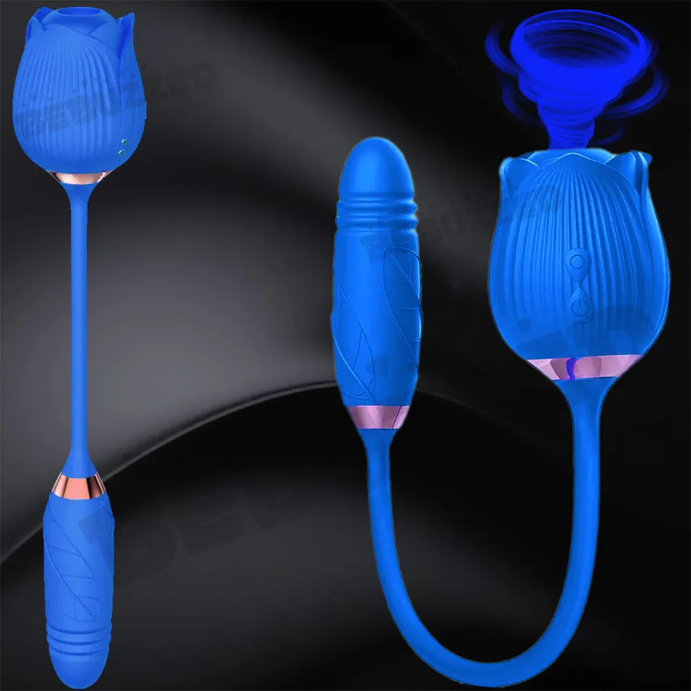 Rose-Pop 2-in-1 Air Pulse Sucking Clitoral Stimulator   Thrusting Dildo Vibrator