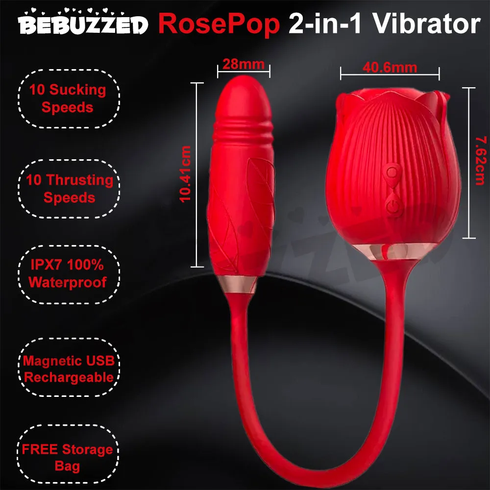 Rose-Pop 2-in-1 Air Pulse Sucking Clitoral Stimulator   Thrusting Dildo Vibrator