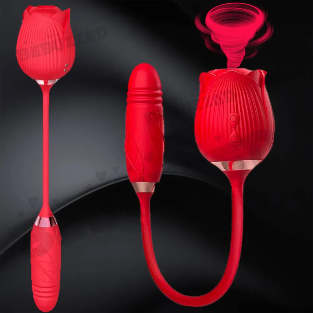 Rose-Pop 2-in-1 Air Pulse Sucking Clitoral Stimulator   Thrusting Dildo Vibrator