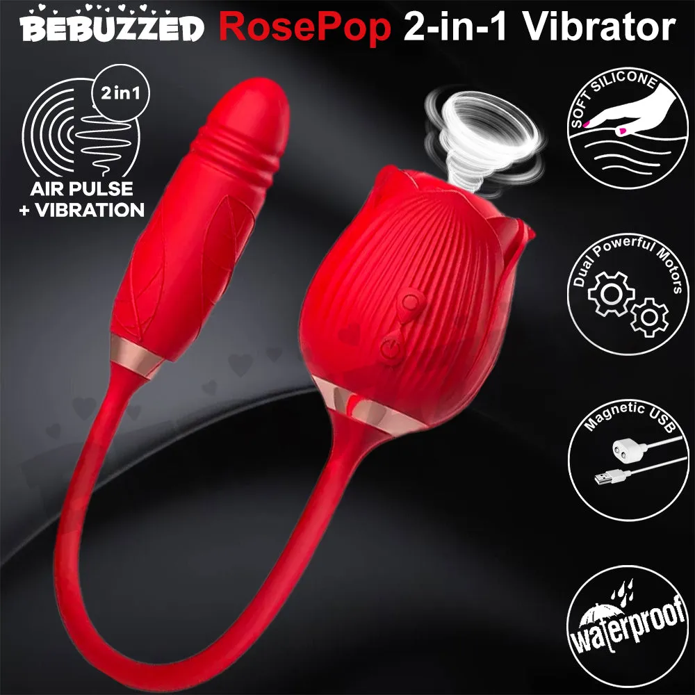 Rose-Pop 2-in-1 Air Pulse Sucking Clitoral Stimulator   Thrusting Dildo Vibrator