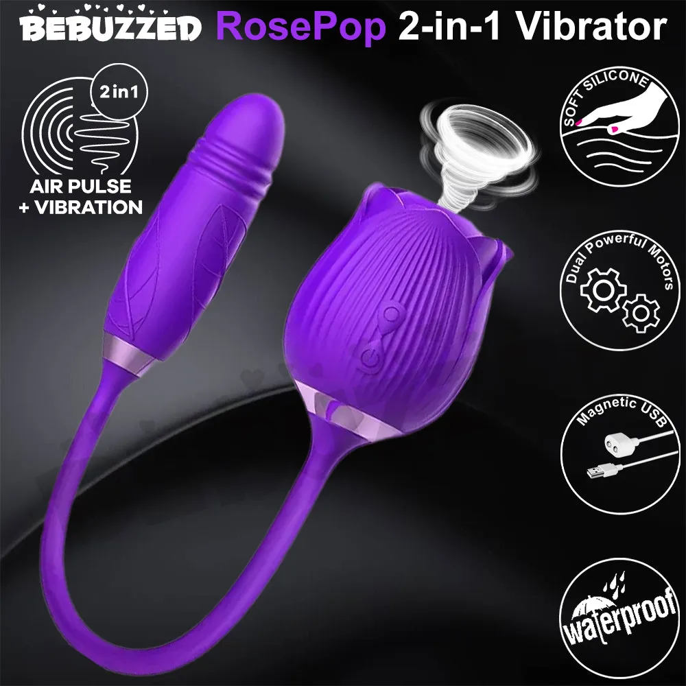 Rose-Pop 2-in-1 Air Pulse Sucking Clitoral Stimulator   Thrusting Dildo Vibrator