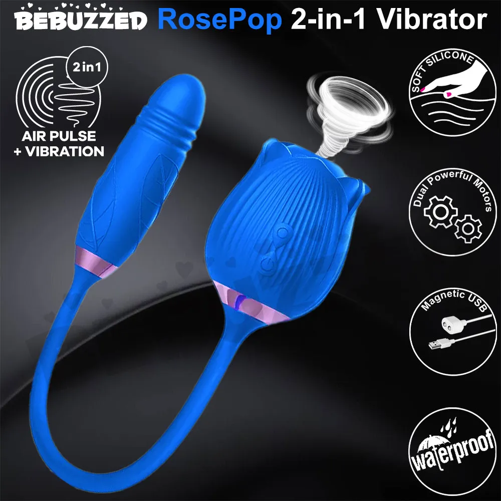 Rose-Pop 2-in-1 Air Pulse Sucking Clitoral Stimulator   Thrusting Dildo Vibrator