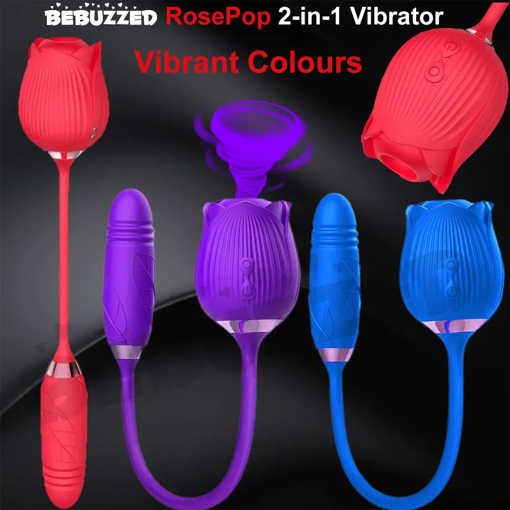 Rose-Pop 2-in-1 Air Pulse Sucking Clitoral Stimulator   Thrusting Dildo Vibrator