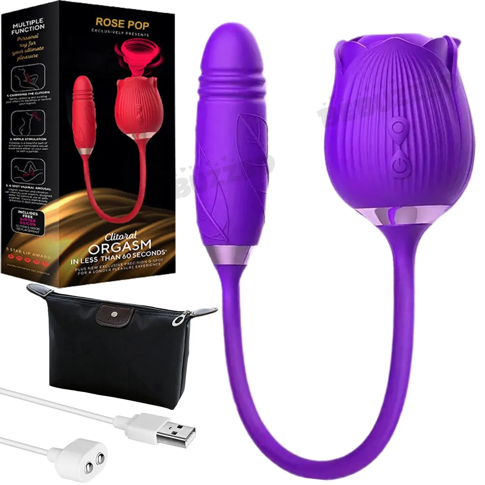 Rose-Pop 2-in-1 Air Pulse Sucking Clitoral Stimulator   Thrusting Dildo Vibrator
