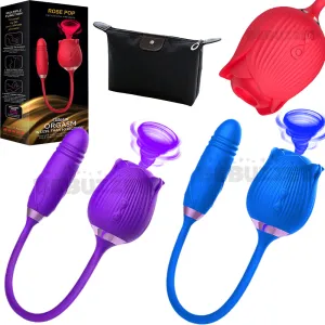 Rose-Pop 2-in-1 Air Pulse Sucking Clitoral Stimulator   Thrusting Dildo Vibrator